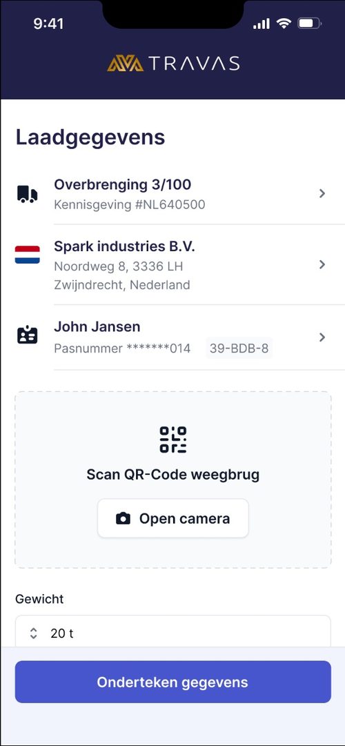 Chauffeur laadgegevens scherm